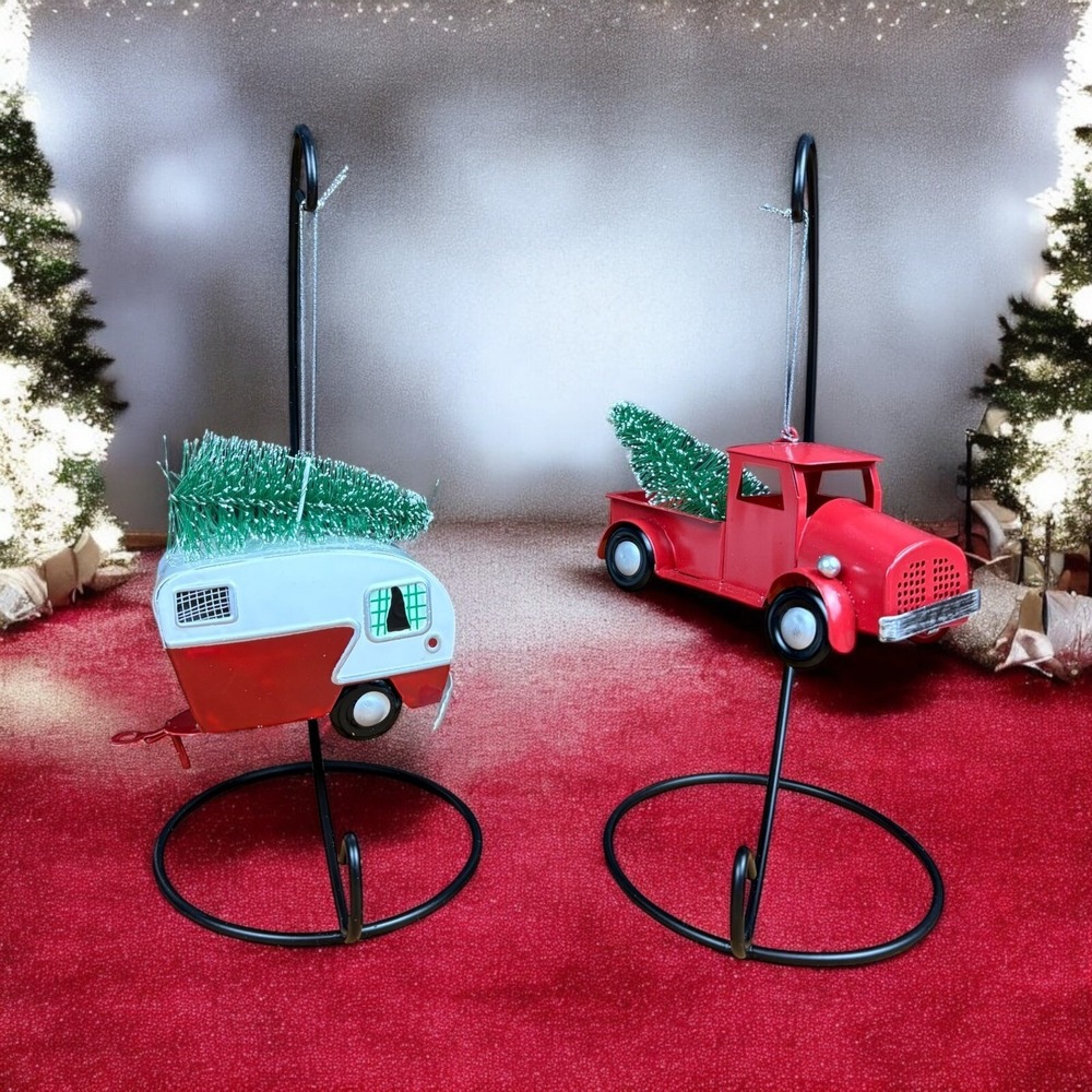 Retro Camper And Red Pickup Truck With Christmas Trees‎ On Top Ornaments